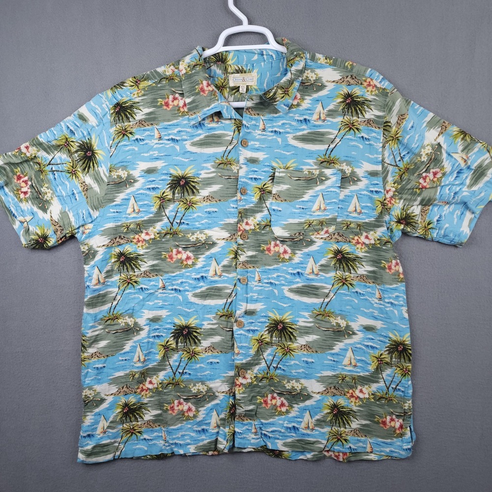 Ocean & Coast Mens XXL Blue Tropical Sailboat Palm Tree Hawaiian Button Up Shirt